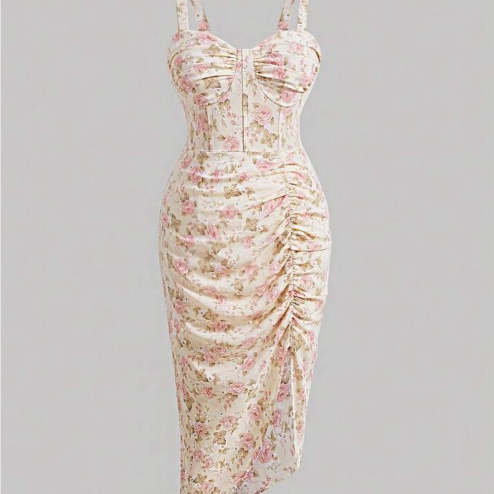 SHEIN Pink Floral Ruched Midi Dress
